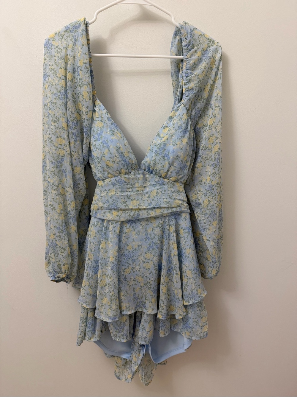 Altar'd State Light Blue Floral Romper with Yellow Accents